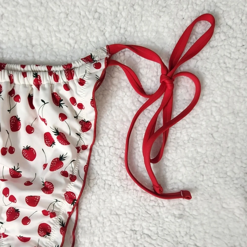 New! Frankie Bikini Summer Berries  Strawberry Print Bikini Bottom with Red Ties